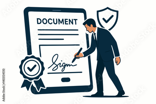 Businessman Signing Digital Document on Tablet with Secure Verification Shield and Certified Approval Badge in Modern Illustration Style for Electronic Contracts and Agreements