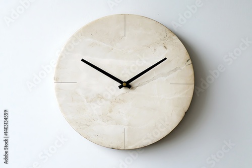 Minimalist round wall clock with a simple, white face and black hands against a light background