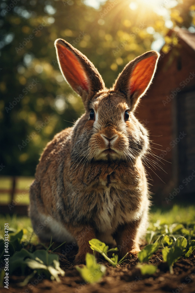 Fototapeta premium A rabbit on a farm, enjoying the sunny day, surrounded by lush fields, capturing the playful and gentle spirit of farm life in a vibrant scene