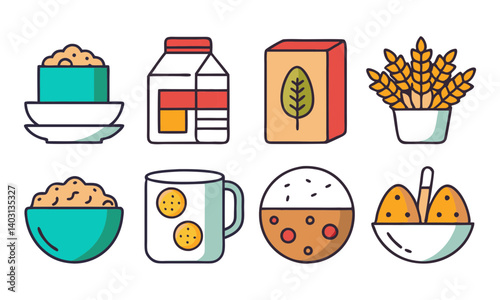 Download Breakfast, Oatmeal And Cereals Editable Stroke Outline  Icons Set Isolated On White Background Flat Vector Illustration.  Svg File For Design.