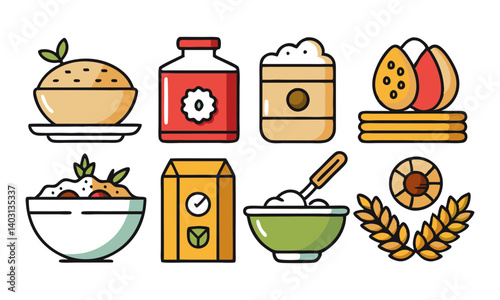 Download Breakfast, Oatmeal And Cereals Editable Stroke Outline  Icons Set Isolated On White Background Flat Vector Illustration.  Svg File For Design.