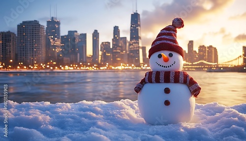 Snowman Cityscape Sunset