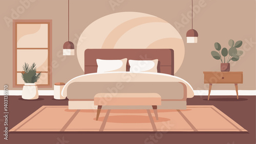 A serene bedroom with a neutral color palette a plush area rug and a velvet bench at the foot of the bed.