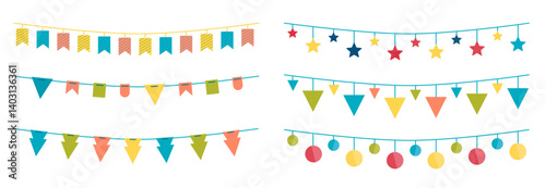 Bunting pennant and flag. Multicolored fabric bright triangles hang on birthday party. Festive handmade paper garlands string up and adorn for graduation. Vector set. 