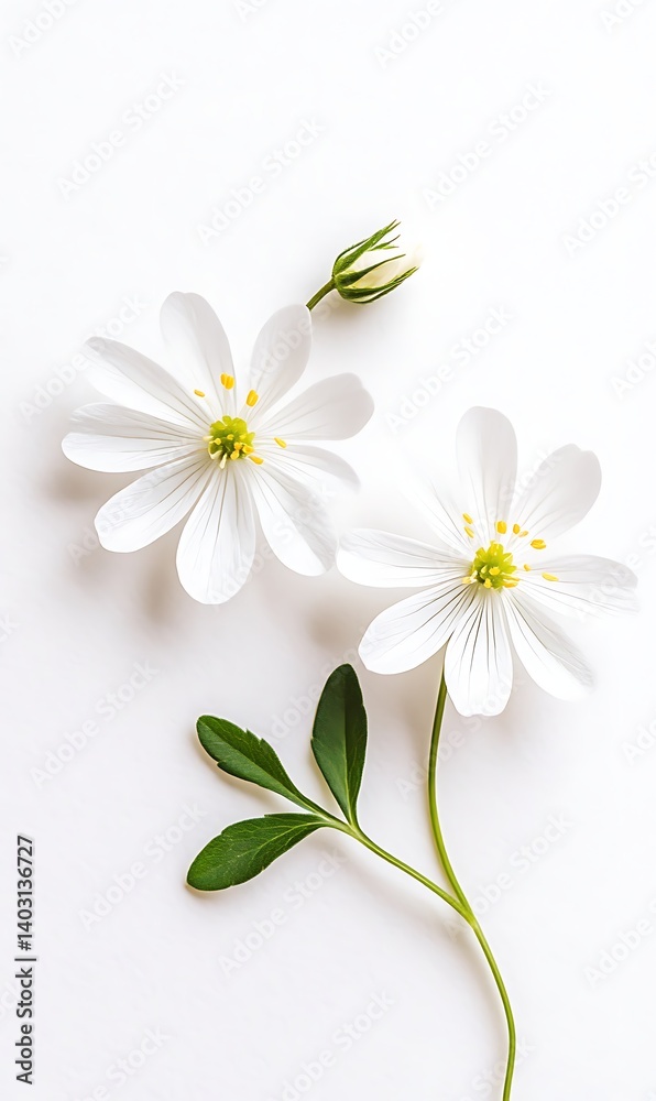 Fototapeta premium Elegant White Flowers, Delicate Petals, Yellow Stamens on White Background