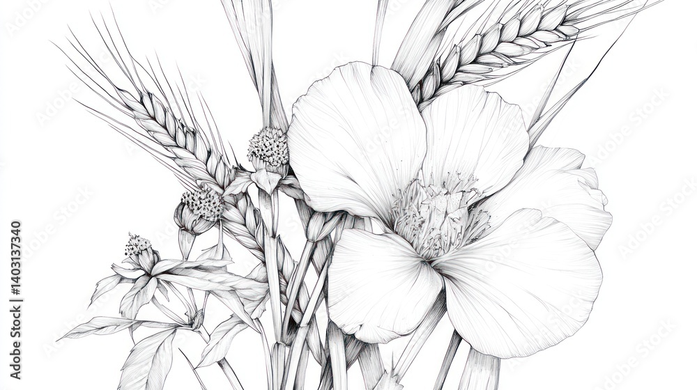 Fototapeta premium Monochrome poppy, wheat, wildflowers drawing; elegant, nature-inspired design for stationery