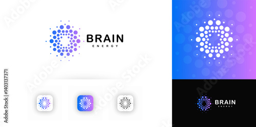 Dotted Energy Logo With Abstract Brain Shape Made Of Circular Dots In Blue Gradient For Technology, AI, Science, Innovation, Startup, Medical, Wellness, Branding Design. Vector Illustration