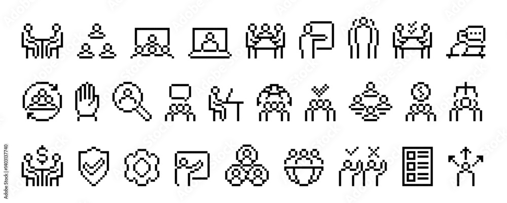 Set of pixel style. Outline business icons. Icon including teamwork, communication, meeting, online conference, recruitment, leadership, negotiation, strategy, and management.