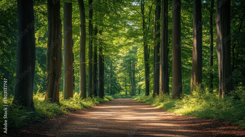 Fototapeta premium Forest pathway surrounded by tall green trees in summer