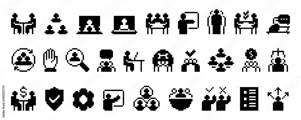 Set of pixel style. Business silhouette icons. including teamwork, communication, meeting, online conference, recruitment, leadership, negotiation, strategy, and management.
