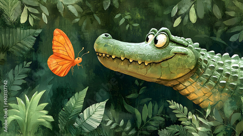 A friendly crocodile and a butterfly in a lush jungle.