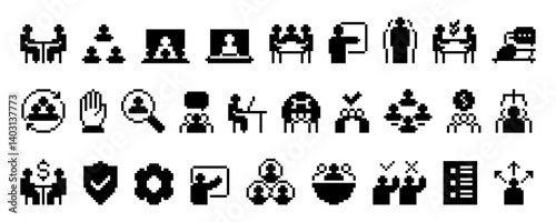 Obraz na płótnie Set of pixel style. Business silhouette icons. including teamwork, communication, meeting, online conference, recruitment, leadership, negotiation, strategy, and management. w salonie