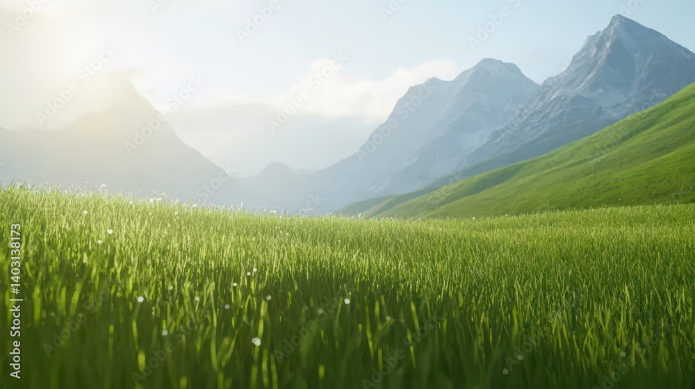 Fototapeta premium A breathtaking view of vibrant green grass fields stretching towards majestic mountains under a clear blue sky, illuminated by the warm glow of the sun