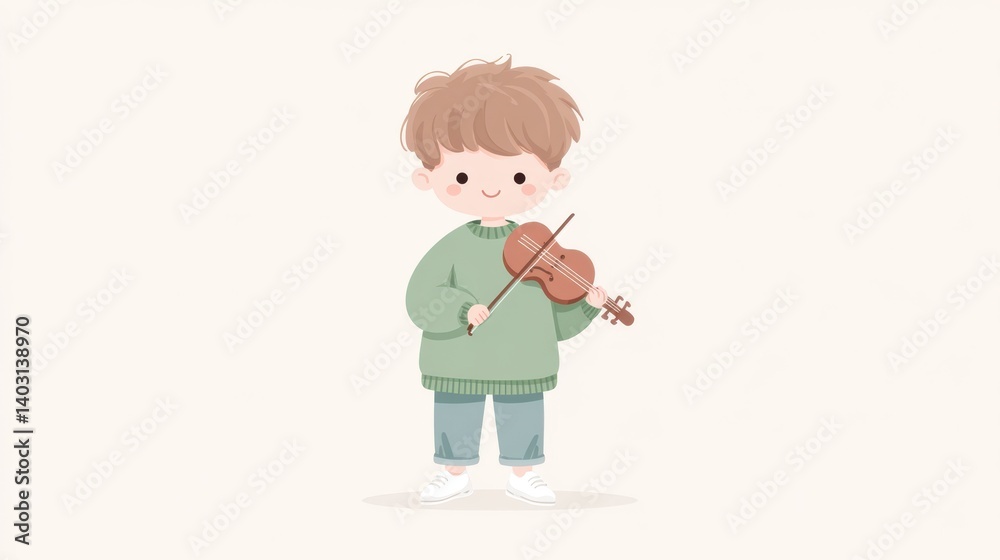 A cheerful young boy with fluffy hair is playing the violin, showcasing his passion for music. His casual outfit adds to the playful atmosphere of this warm and inviting scene. A cheerful young boy with fluffy hair is playing the violin, showcasing his passion for music. His casual outfit adds to the playful atmosphere of this warm and inviting scene.