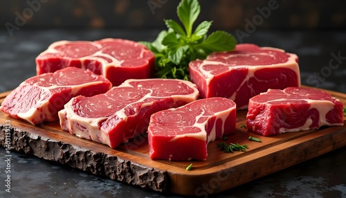 Raw beef steaks on a wooden cutting board, ready for cooking.  Rich red color and marbling are visible.