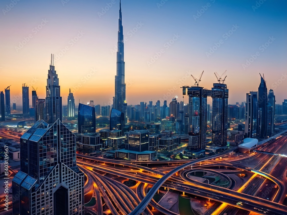 Obraz premium Dubai Skyline at Dusk: A City of Skyscrapers and Traffic