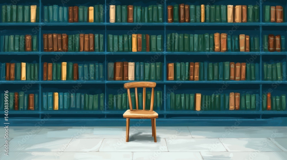 A cozy reading nook featuring a wooden chair set against a backdrop of neatly arranged books on shelves A cozy reading nook featuring a wooden chair set against a backdrop of neatly arranged books on shelves