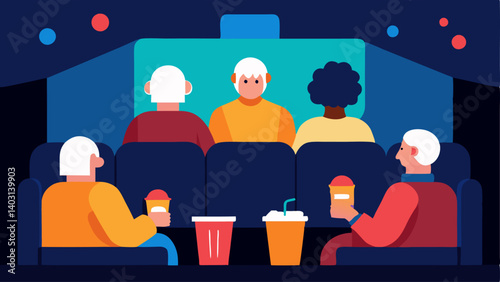 Movie Night A cozy room with seniors enjoying a movie on a large screen. They are sitting in comfortable chairs with popcorn and drinks creating a relaxed and social atmosphere.