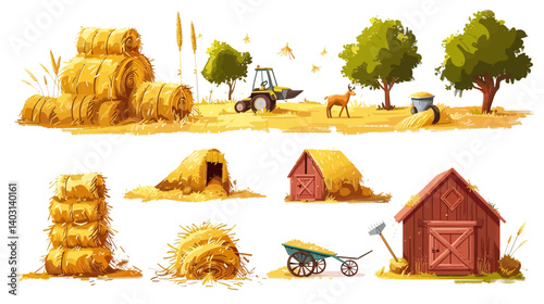 Cartoon vector set of haystacks tractor baler pitchfork barn wheelbarrow straw heap agriculture harvest and farming tools