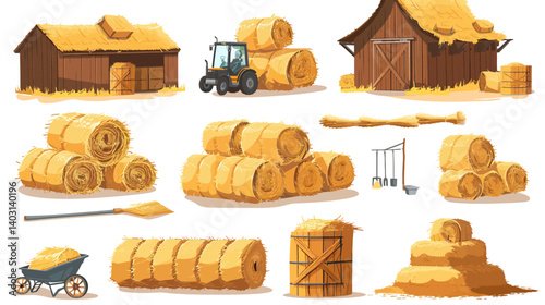 Cartoon vector set of haystacks tractor baler pitchfork barn, wheelbarrow, straw heap agriculture harvest and farming tools