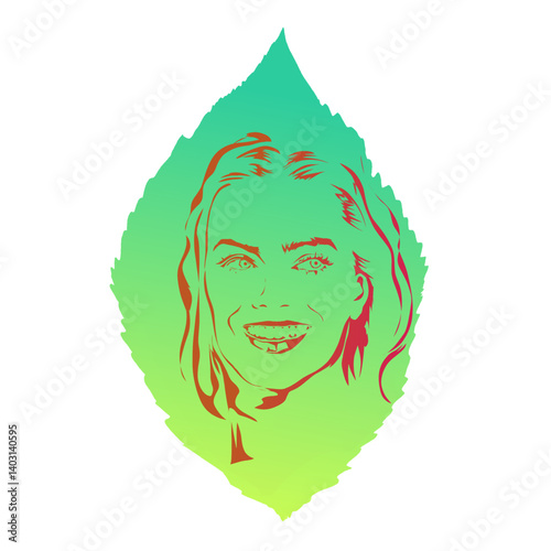 woman's face with green leaves without background