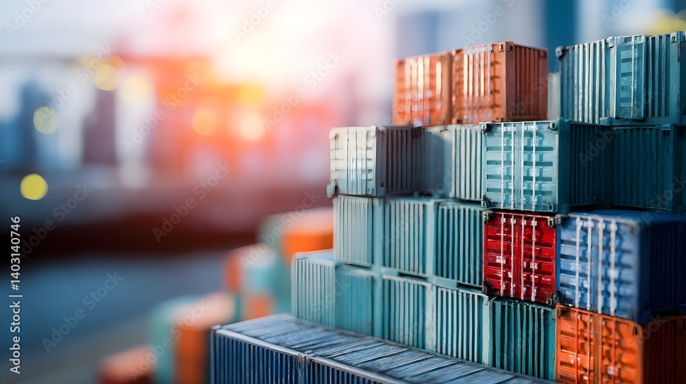 Stacked shipping containers at port representing global trade and logistics, concept of import export business and international commerce. Stacked shipping containers at port representing global trade and logistics, concept of import export business and international commerce.