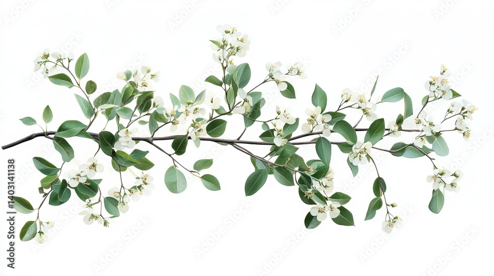 Elegant white flowers and green leaves branch isolated on white background floral design element decor Elegant white flowers and green leaves branch isolated on white background floral design element decor