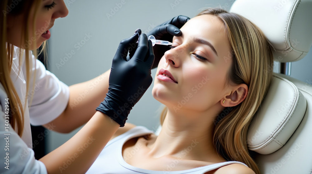 Fototapeta premium Woman lying down on a white chair with her eyes closed, receiving a botox injection
