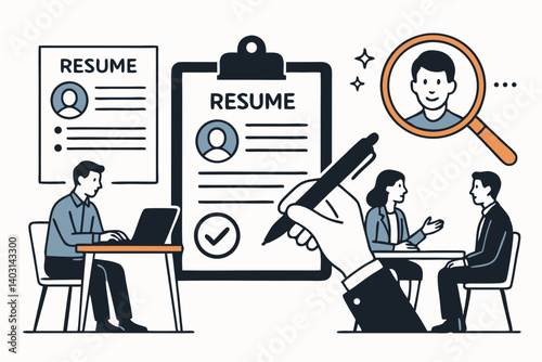 Professional Recruitment Process Illustration Featuring Resume Review, Candidate Selection, and Job Interview in Modern Business Environment