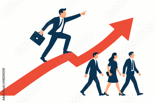 Business Leader Guiding Team to Success with Growth Arrow Symbolizing Achievement and Progress in Corporate Environment