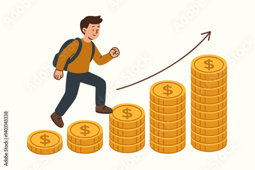 Young Entrepreneur Climbing Stacks of Coins with Growth Arrow Symbolizing Financial Success, Investment Progress, and Wealth Building Journey