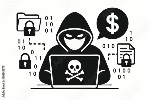 Cybersecurity Threat Vector Illustration Featuring Hacker, Ransomware Attack, Data Encryption, and Financial Extortion Symbols in Modern Flat Design