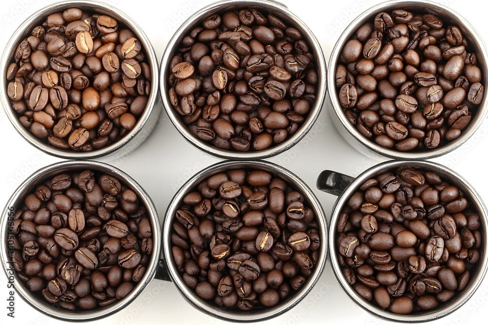 Six Mugs Filled with Aromatic Coffee Beans