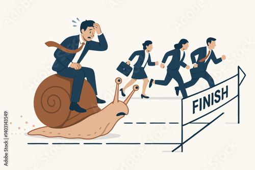 Business Competition Concept with Slow Progress Symbolized by a Man Riding a Snail as Colleagues Race Toward the Finish Line in a Corporate Challenge Illustration