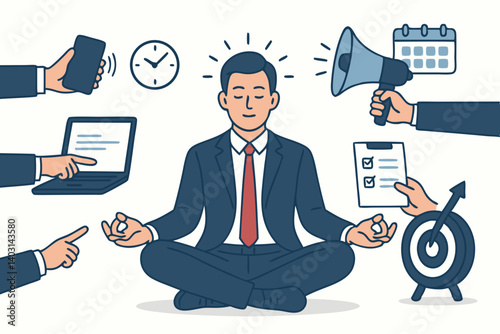 Businessman Practicing Mindfulness Amid Workplace Stress with Productivity Tools, Deadlines, and Targets Surrounding Him in Modern Corporate Environment