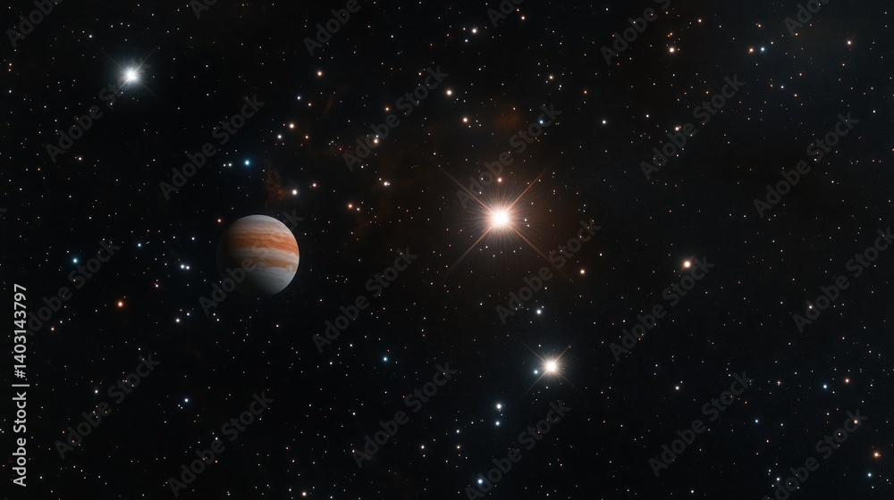 A distant, orange-hued planet against a backdrop of countless stars. The planet displays faint, light-colored bands across its surface. A bright star shines prominently near the planet A distant, orange-hued planet against a backdrop of countless stars. The planet displays faint, light-colored bands across its surface. A bright star shines prominently near the planet
