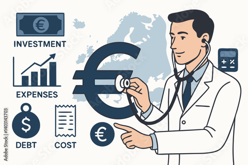 Doctor Examining Euro Symbol with Stethoscope Representing European Economic Health, Investment, Debt, Expenses, and Financial Analysis Concept
