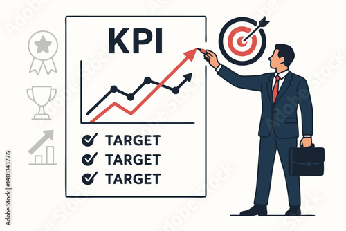 Businessman Analyzing KPI Growth Chart with Targets and Success Indicators, Achieving Goals and Strategic Planning for Business Performance Improvement