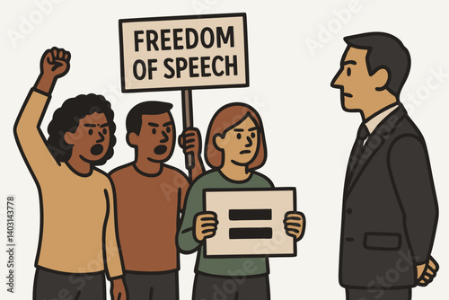 Diverse Group Protesting for Freedom of Speech and Equality Facing Authority, Holding Signs Advocating Civil Rights, Social Justice, and Workplace Fairness