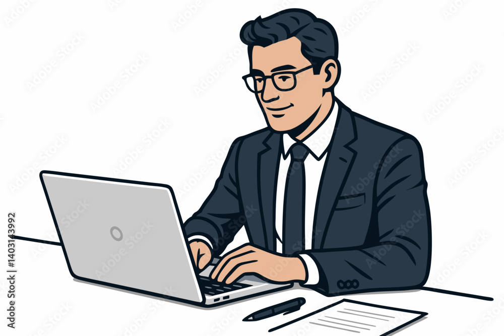 Professional Businessman Working on Laptop in Office Setting, Wearing Formal Suit and Tie, Focused on Tasks with Pen and Document on Desk for Corporate Productivity Concept Professional Businessman Working on Laptop in Office Setting, Wearing Formal Suit and Tie, Focused on Tasks with Pen and Document on Desk for Corporate Productivity Concept
