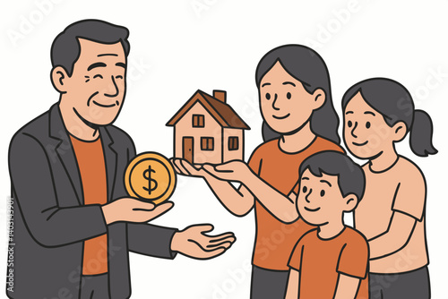 Family Real Estate Transaction Concept with House Model and Money Exchange Illustration for Property Ownership, Investment, or Inheritance Themes