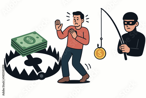 Illustration of Financial Scam Alert Showing Money Trap and Fraudulent Fishing Hook Concept with a Person Reacting in Fear to Avoid Deceptive Practices