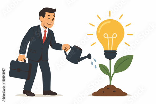 Businessman Cultivating Creativity with Watering Can and Growing Light Bulb Plant Symbolizing Innovation and Idea Development