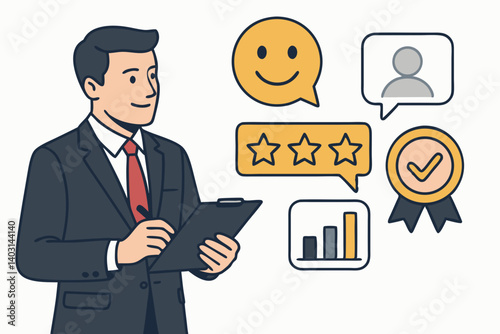 Business Professional Conducting Performance Evaluation with Feedback Icons, Star Ratings, Smiley Face, Bar Chart, and Quality Badge Illustration