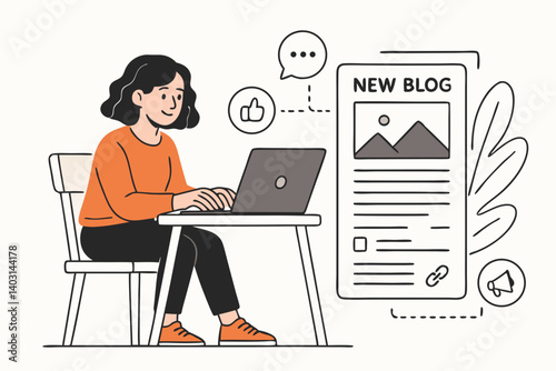 Female Blogger Writing Content on Laptop with Blog Publishing Concept, Social Media Engagement Icons, and Minimalist Design Elements for Modern Digital Marketing Illustration