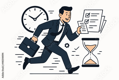 Businessman Rushing to Meet Deadlines with Clock, Hourglass, Checklist, and Briefcase Symbolizing Productivity and Efficient Time Management in Corporate Life