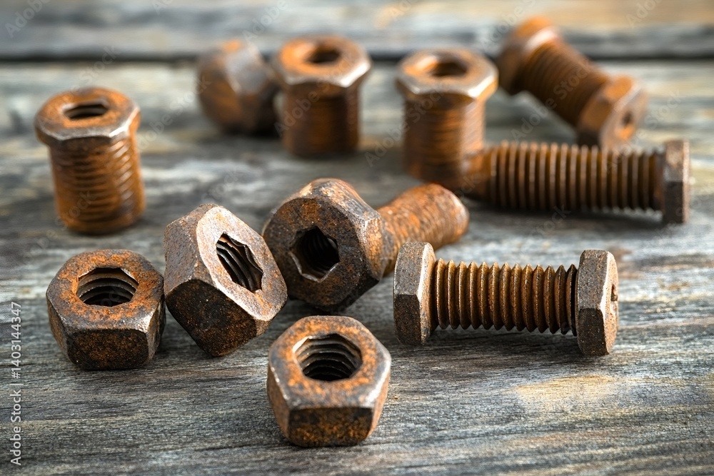 Rusty nuts and bolts scattered across a wooden table, displaying signs of age and corrosion, evoke themes of decay, industry, and the art of repair Rusty nuts and bolts scattered across a wooden table, displaying signs of age and corrosion, evoke themes of decay, industry, and the art of repair