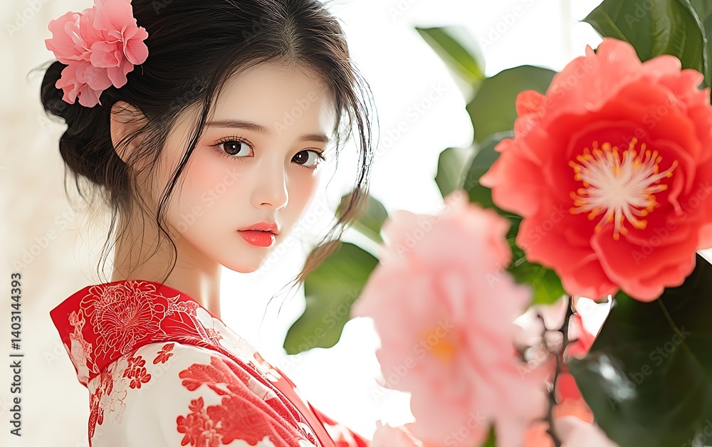 Fototapeta premium Young woman in kimono with floral backdrop.