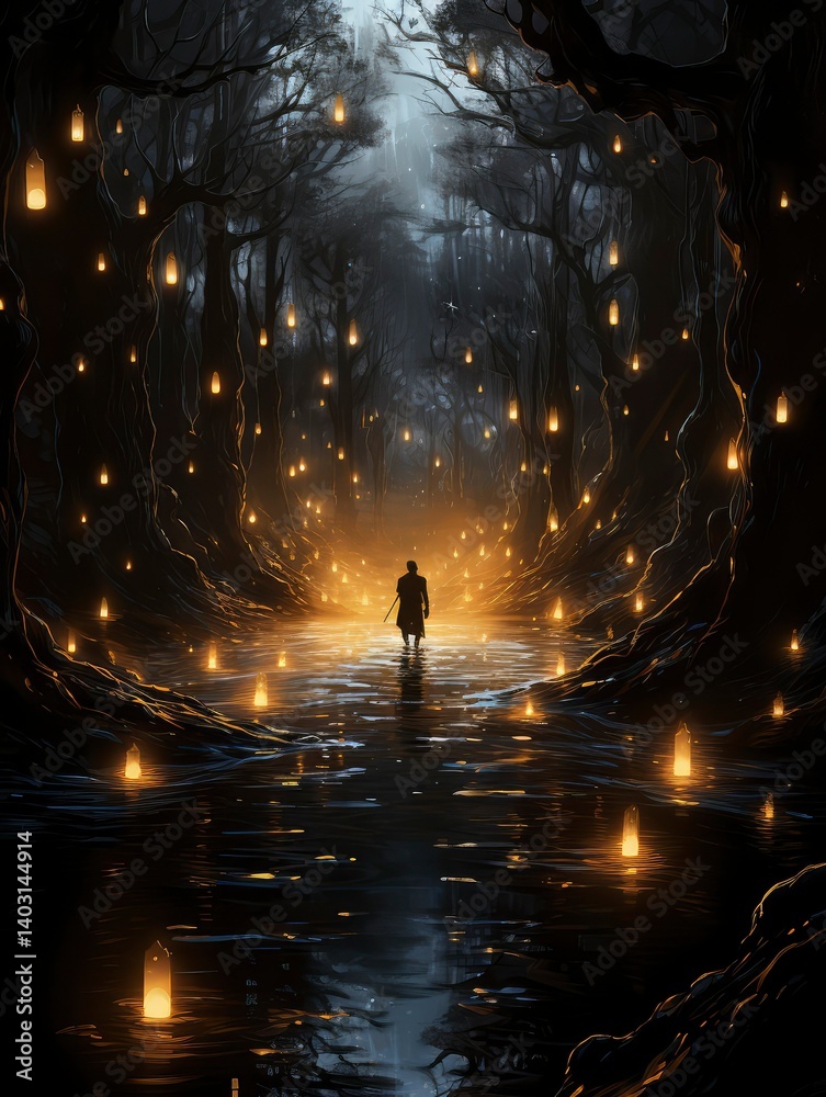 Solitary Figure Walking Through Enchanting Lighted Forest Path at Night Solitary Figure Walking Through Enchanting Lighted Forest Path at Night