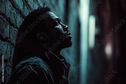 Melancholy figure leaning against a brick wall at night.